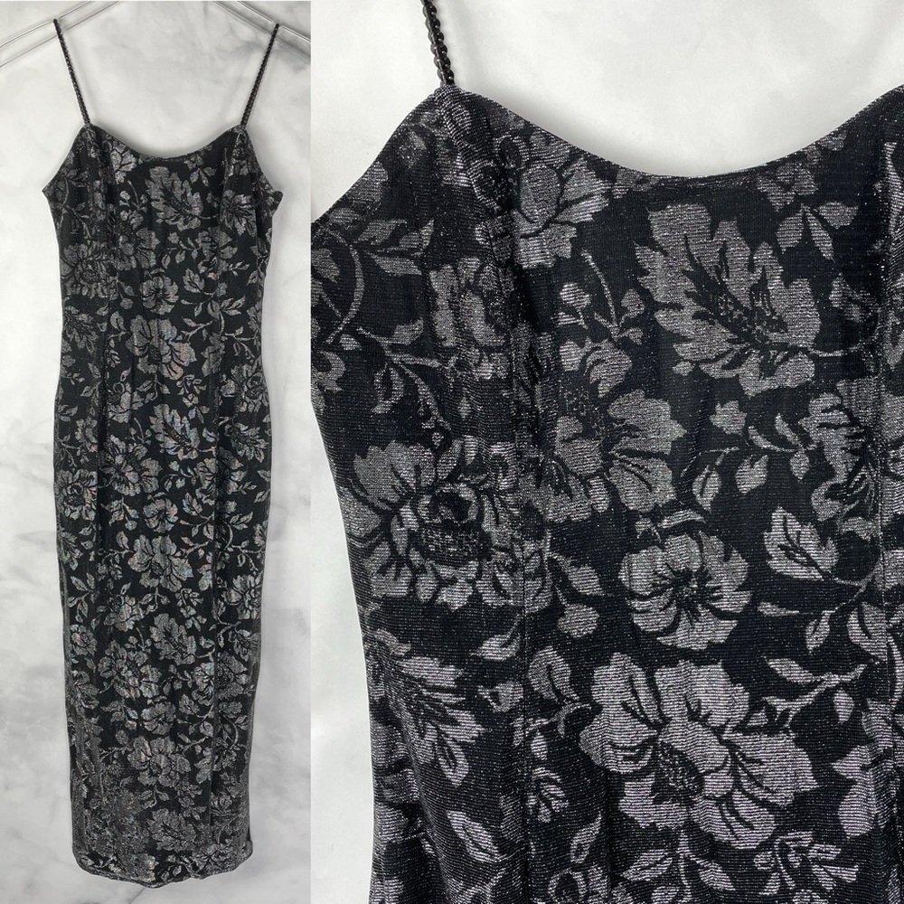 Vintage 90s Y2K Gunne Sax Jessica McClintock Metallic Floral Slip Midi Dress XS
